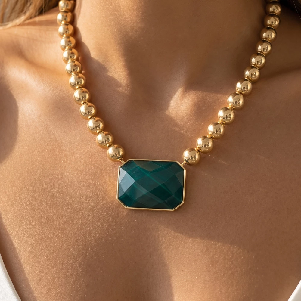 Bead Chain Necklace With Faceted Stone Pendant