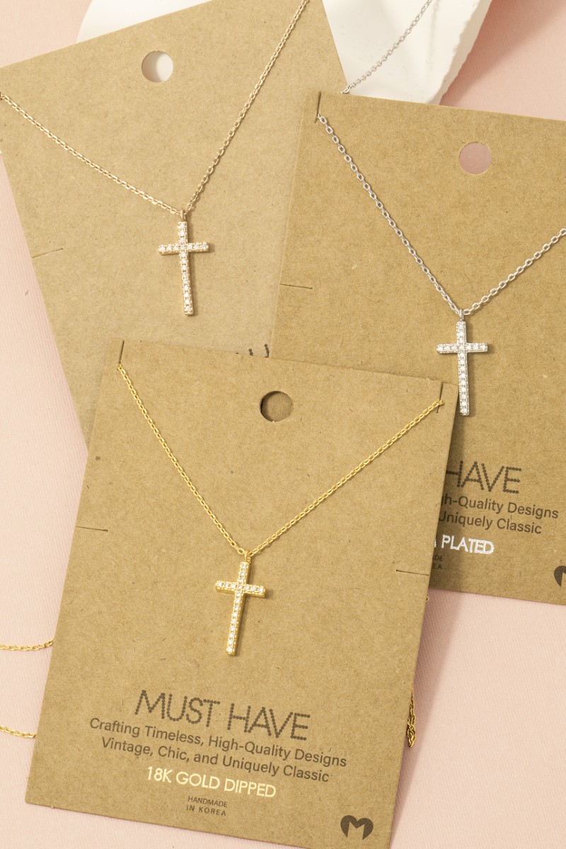 Gold Dipped Cz Pave Cross Pendant Necklace