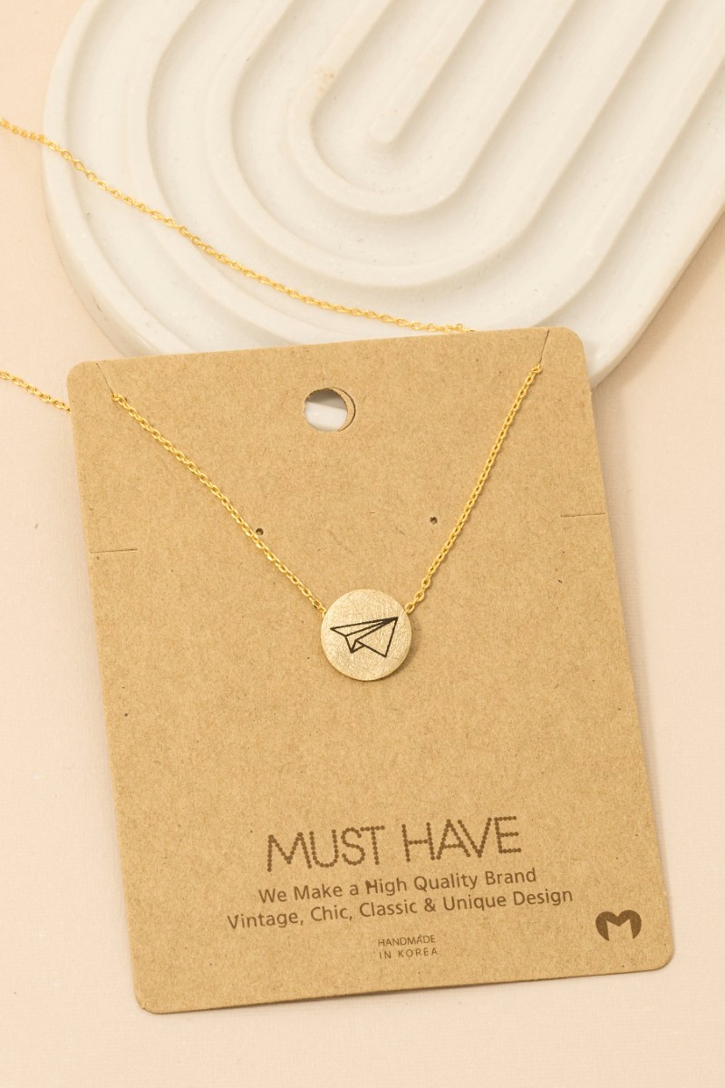 Origami Plane Etched Coin Pendant Necklace