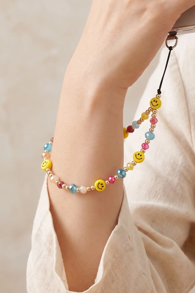 Beaded Happy Face Phone Strap Accessory
