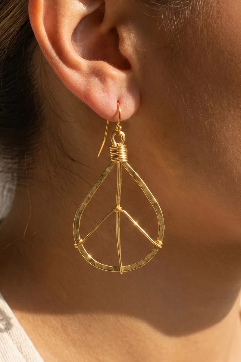 Hammered Teardrop Peace Sign Wire Earrings