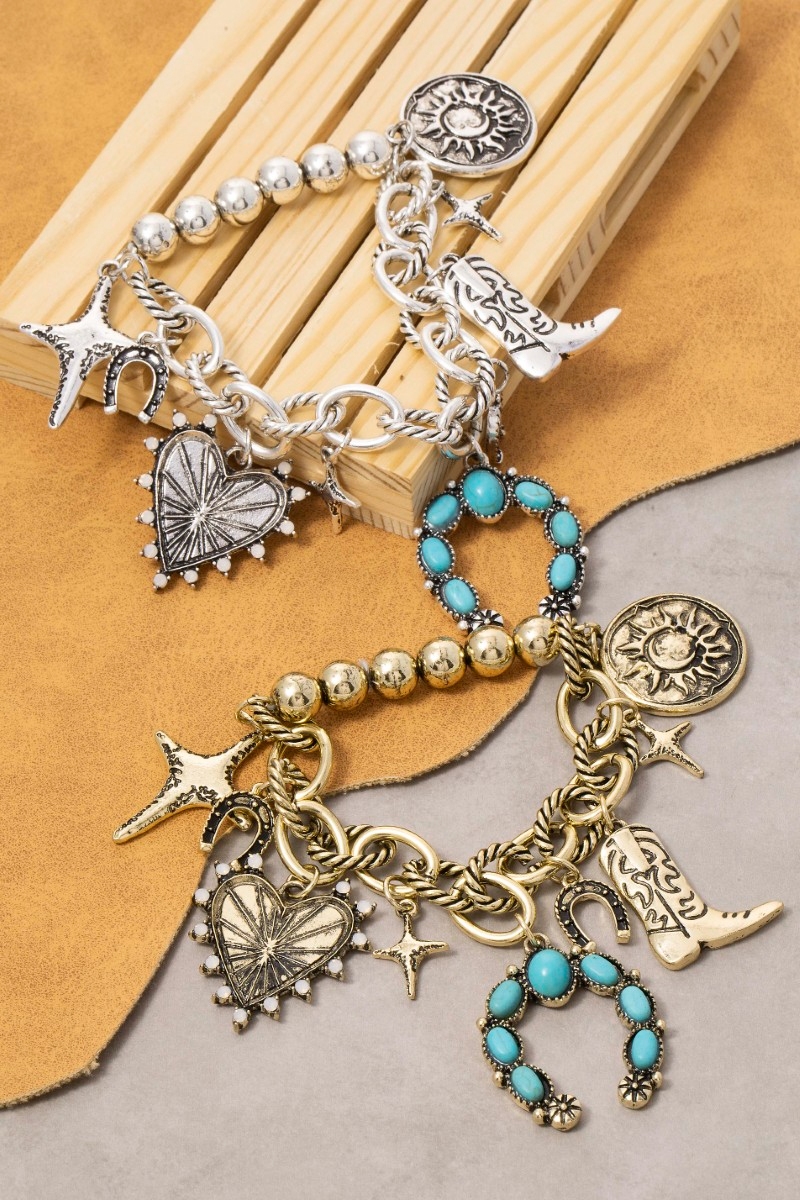 Turquoise Studded Western Charm Chain Bracelet