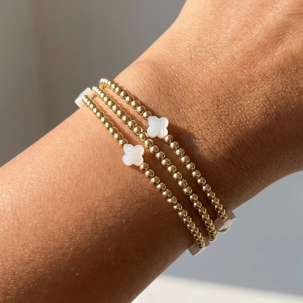 Mother Of Pearl Clover Beaded Stretch Bracelet Set