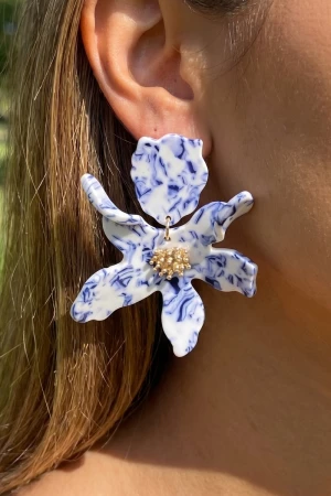Marbled Orchid Flower Statement Drop Earrings