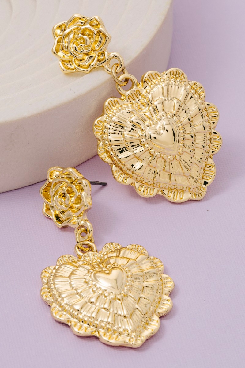 Metallic Textured Heart Drop Earrings