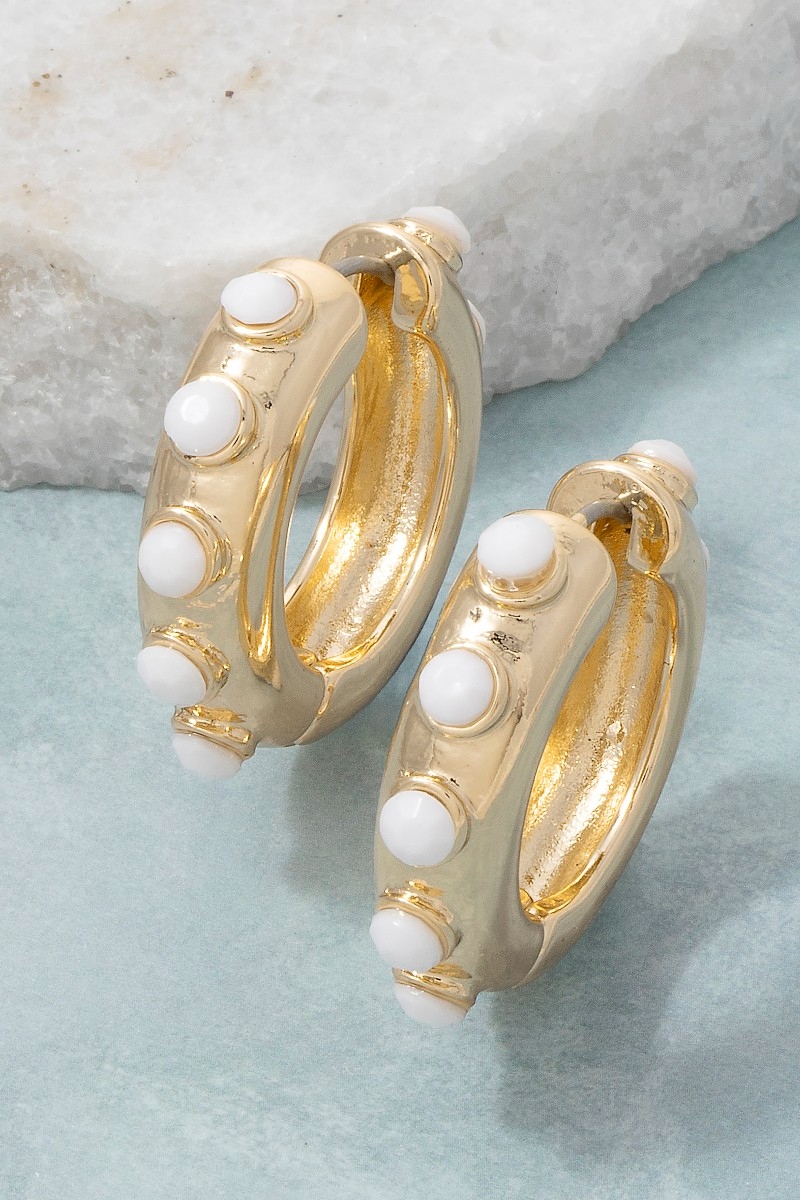 White Beads Accent Chunky Hoop Earrings