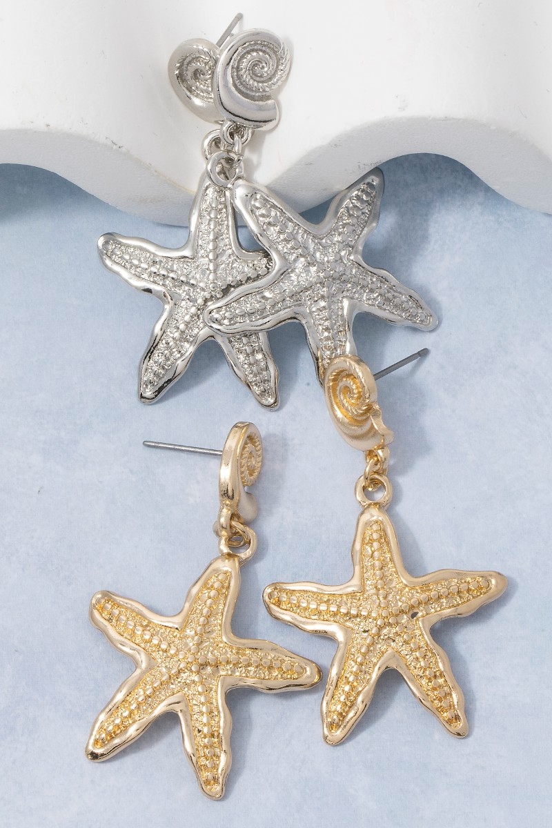 Spiral Shell And Starfish Dangle Drop Earrings