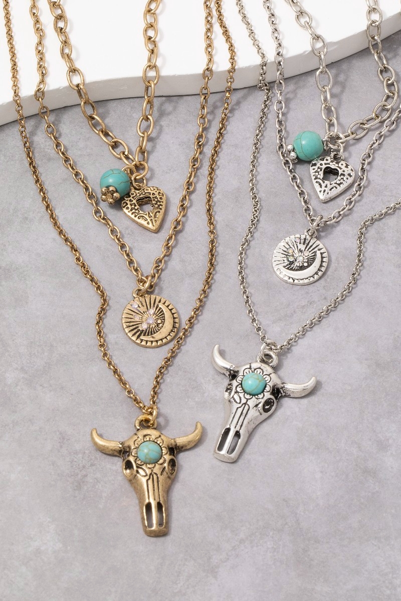 Bull Skull Western Triple Layer Chain Necklace