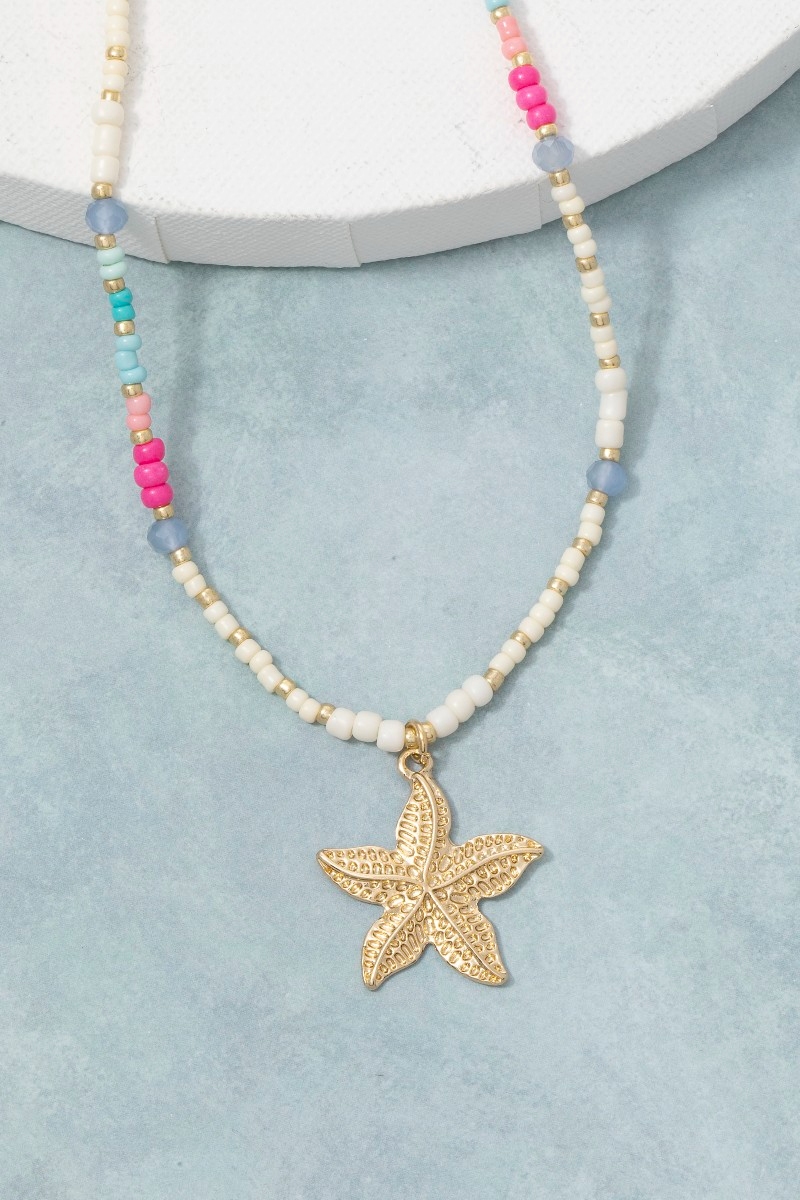 Multi Color Seed Beaded Starfish Pendant Necklace