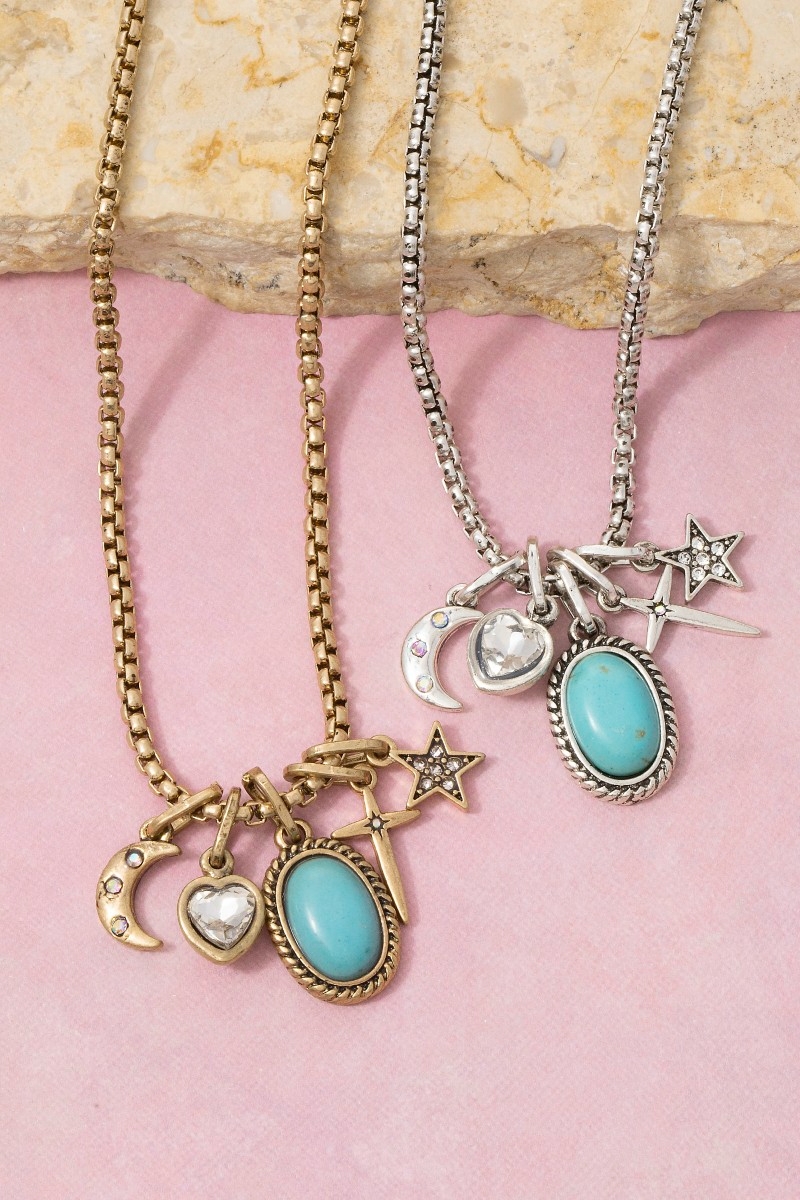 Western Turquoise & Celestial Multi-Charm Box Chain Necklace