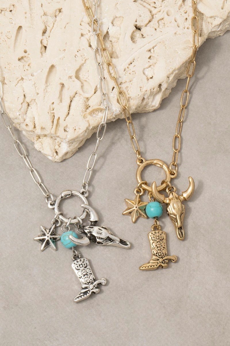Western Bull Skull & Boot Charm Paperclip Chain Necklace