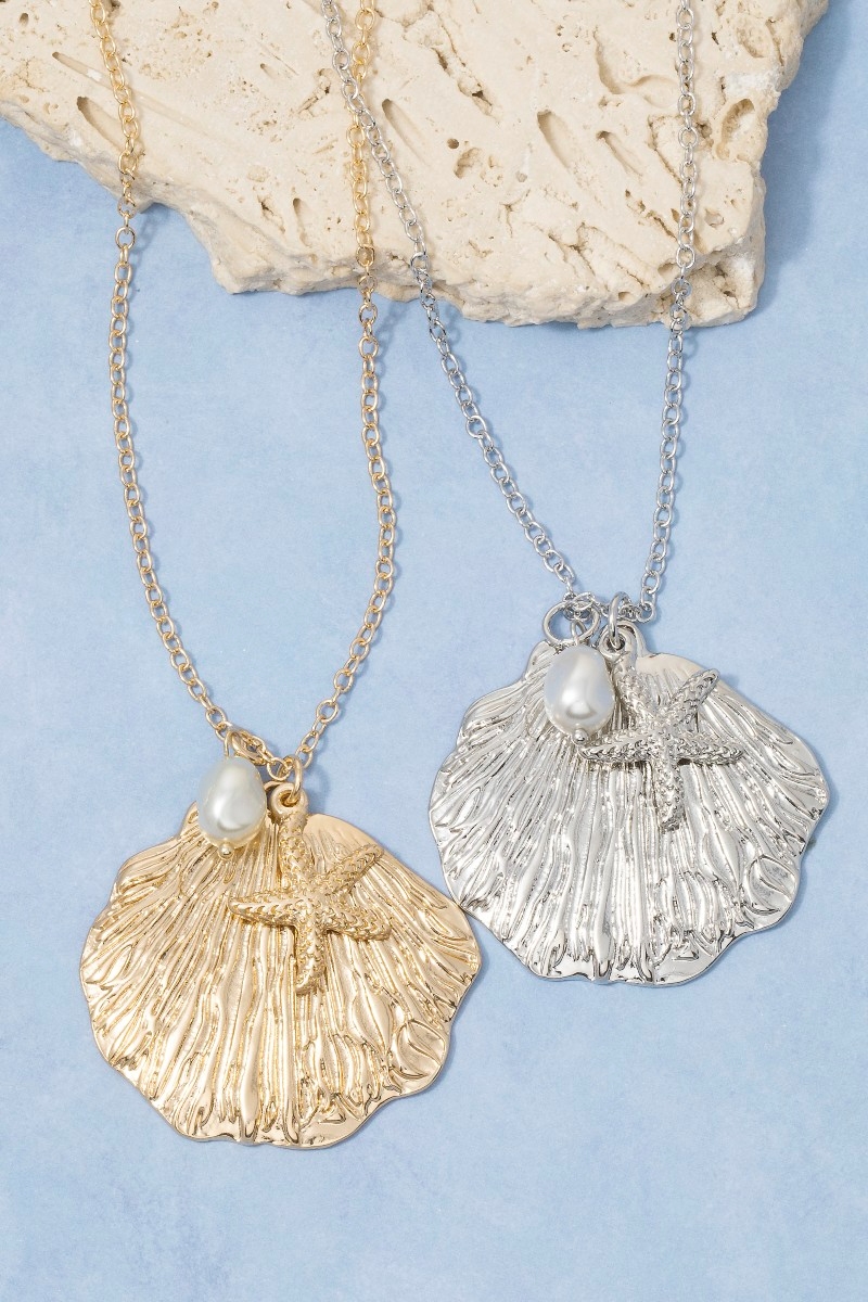 Gold Scallop Shell Pendant Necklace With Starfish & Pearl
