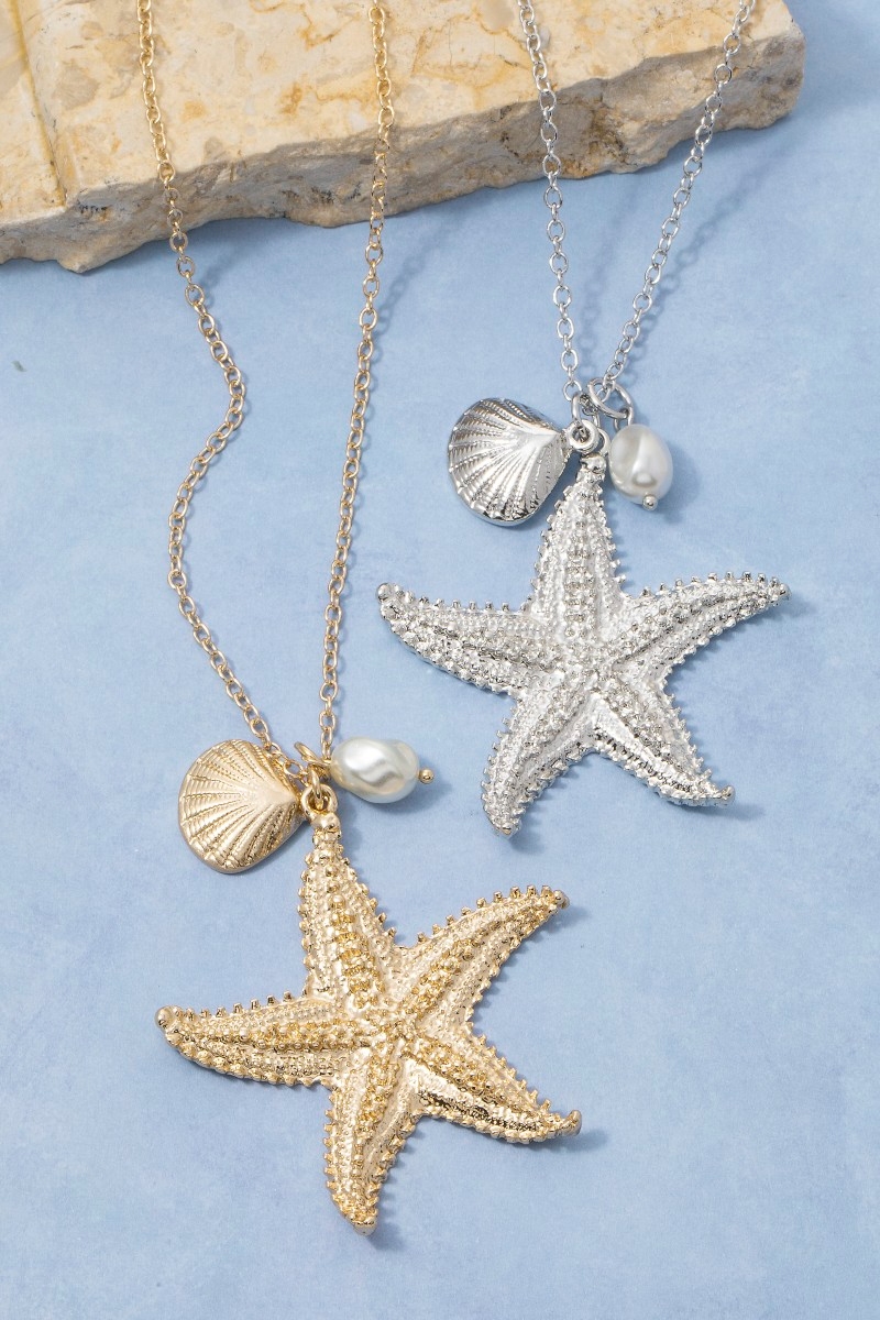 Gold Starfish Pendant Necklace With Shell & Pearl Charms