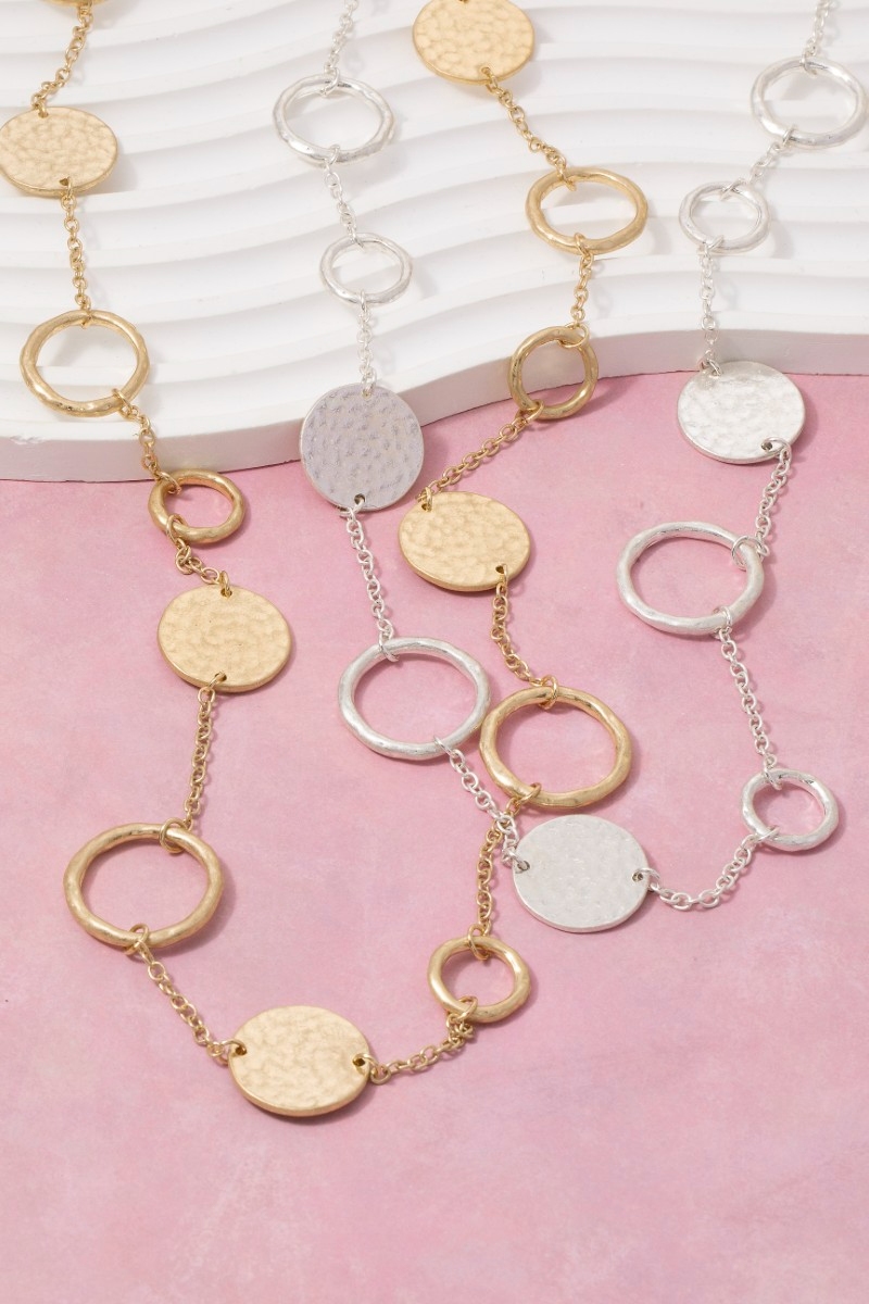 Long Hammered Disc & Open Circle Station Necklace