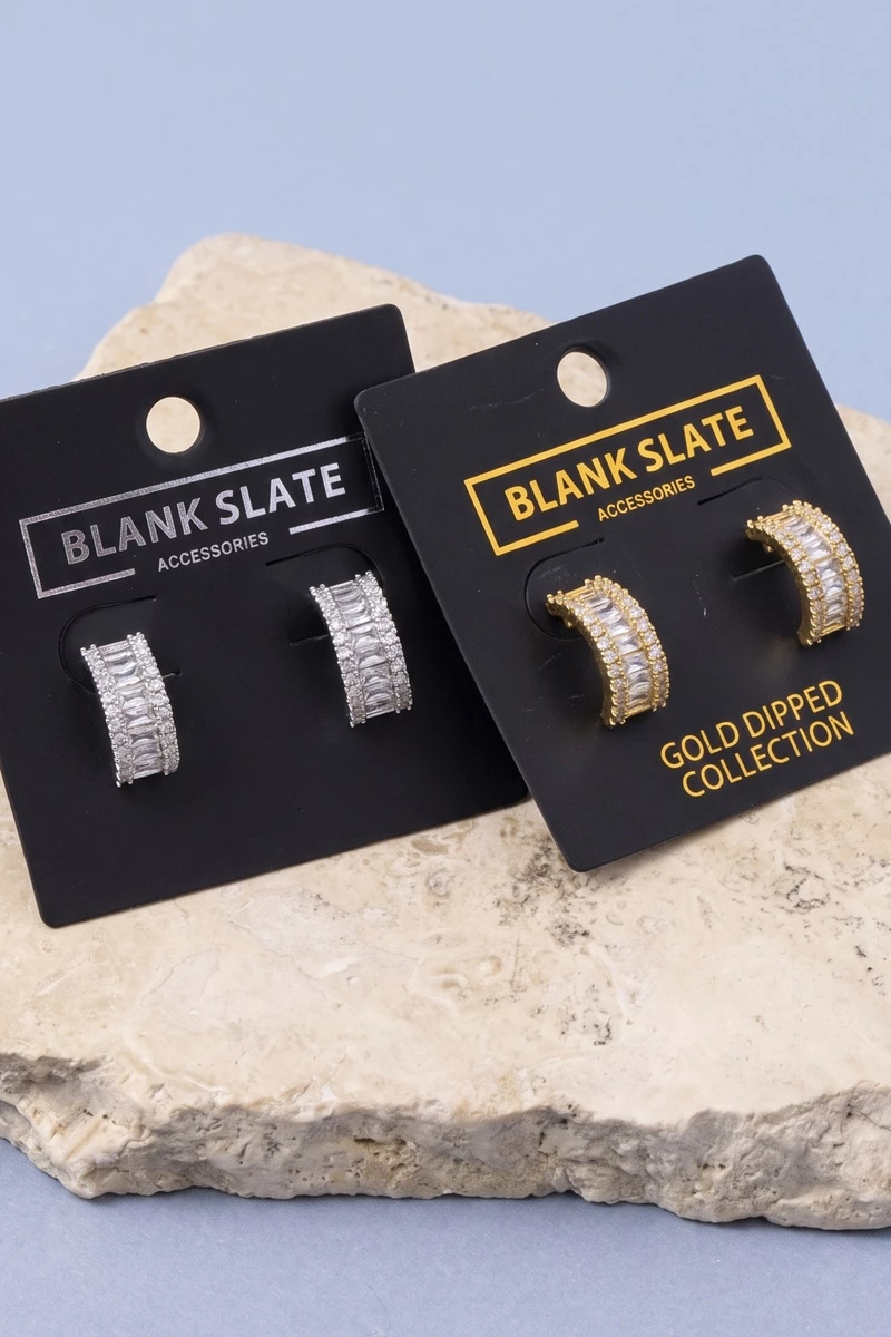 Baguette Cz Wide Huggie Hoop Earrings
