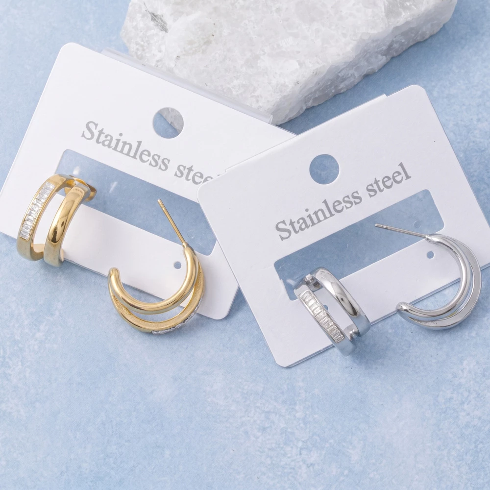 Stainless Steel Baguette Cz Double Hoop Earrings