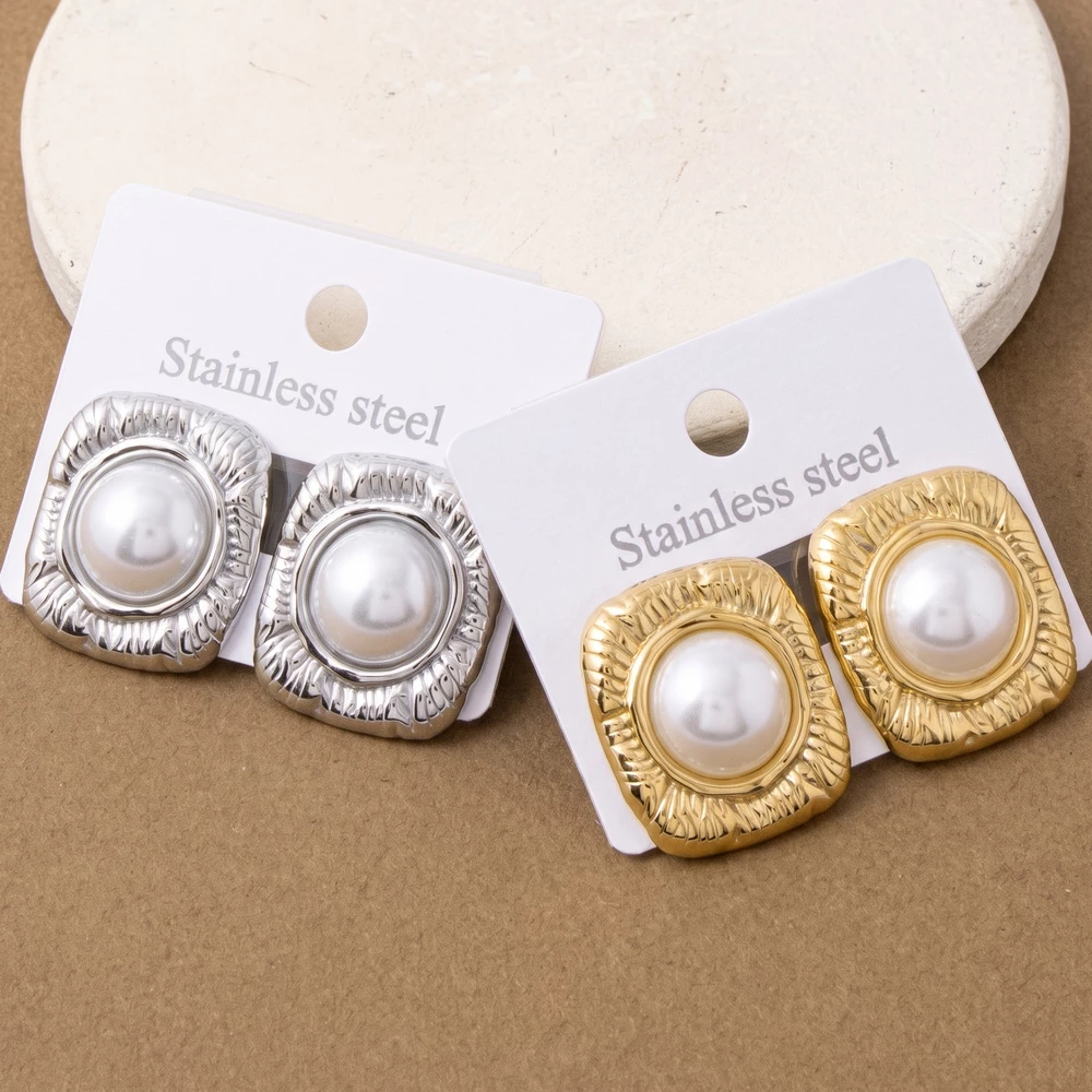Stainless Steel Textured Frame Pearl Stud Earrings