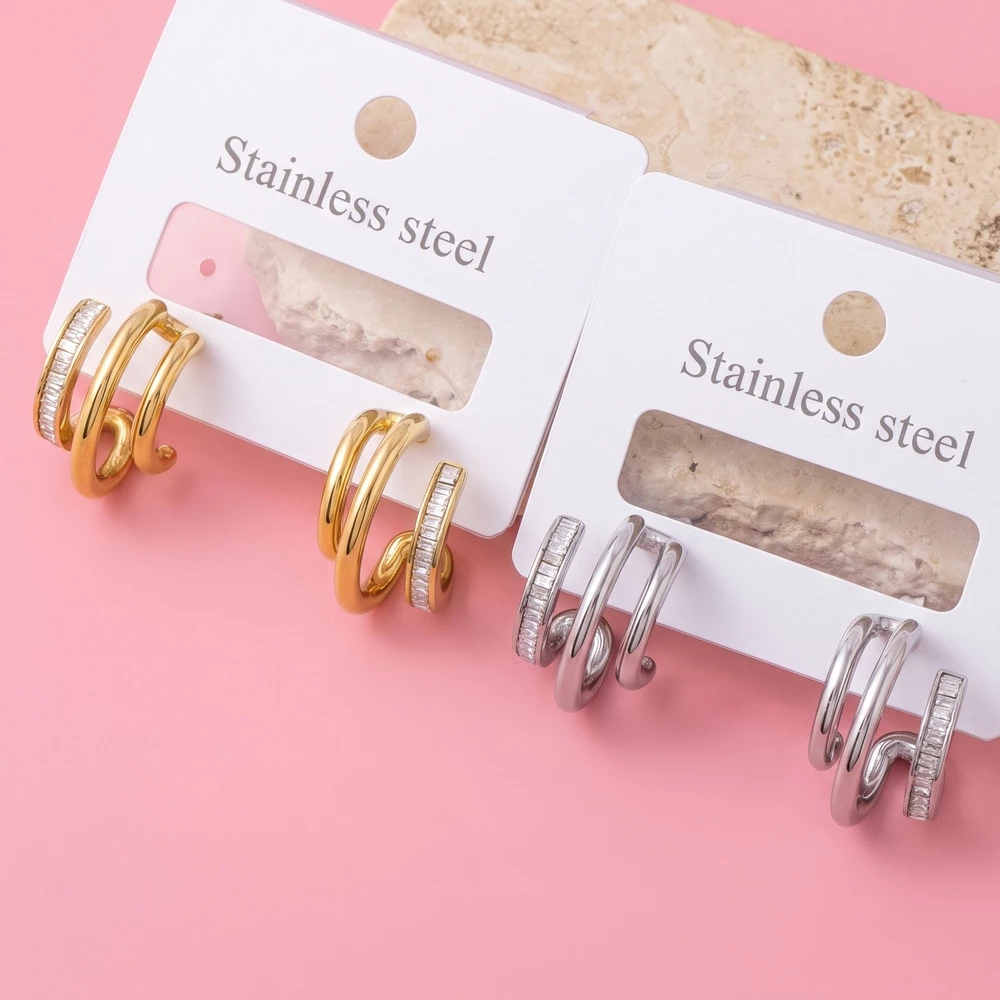 Stainless Steel Triple Row Cz Huggie Hoop Earrings