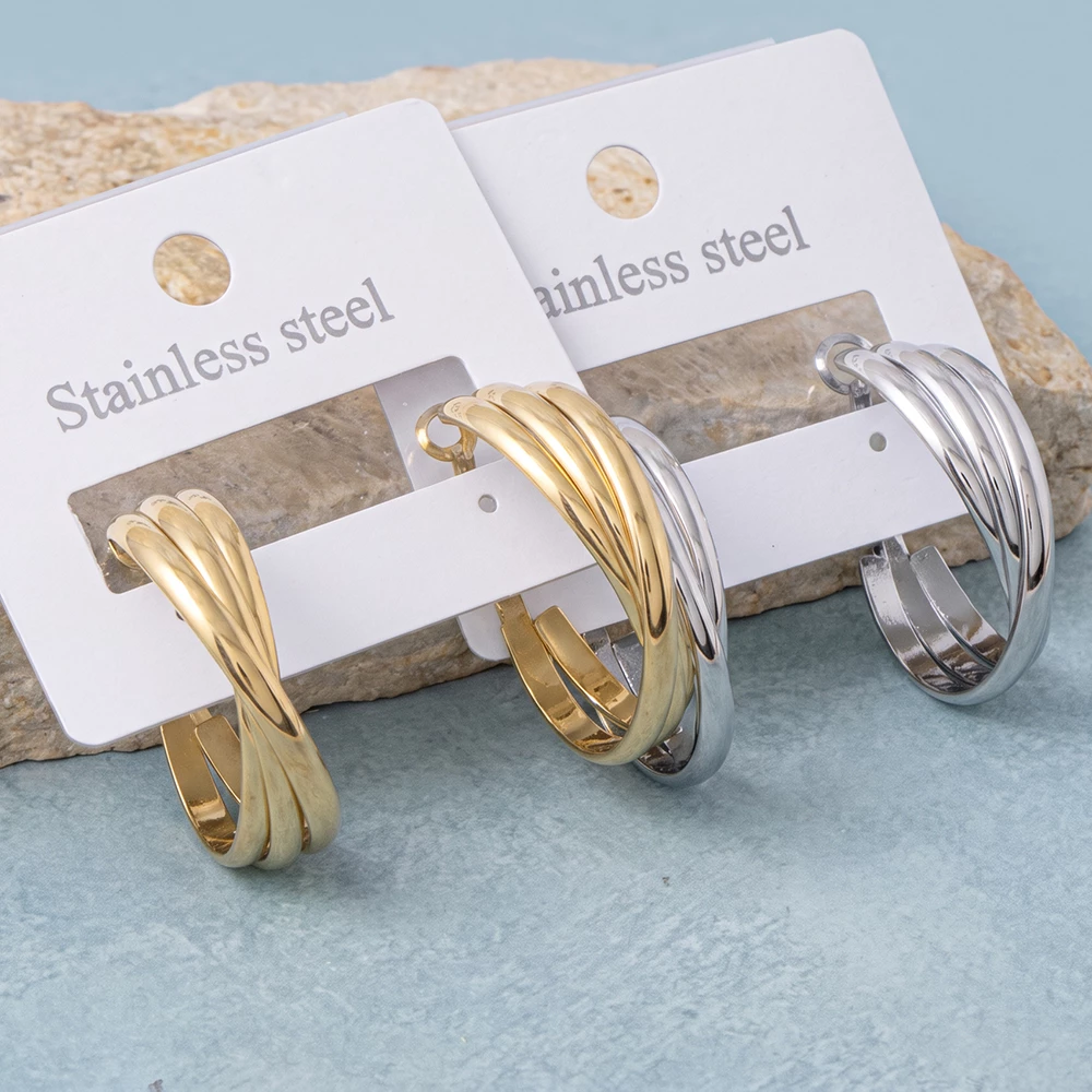 Stainless Steel Triple Ridge Crossover Hoop Earrings