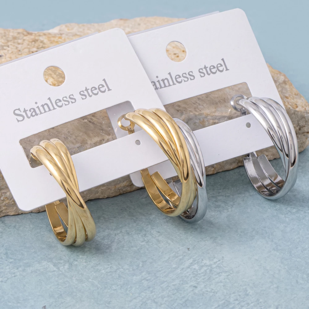 Stainless Steel Triple Ridge Crossover Hoop Earrings