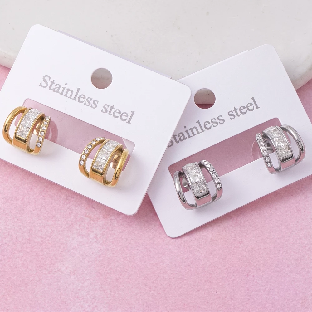 Stainless Steel Princess Cz Double Band Hoop Earrings