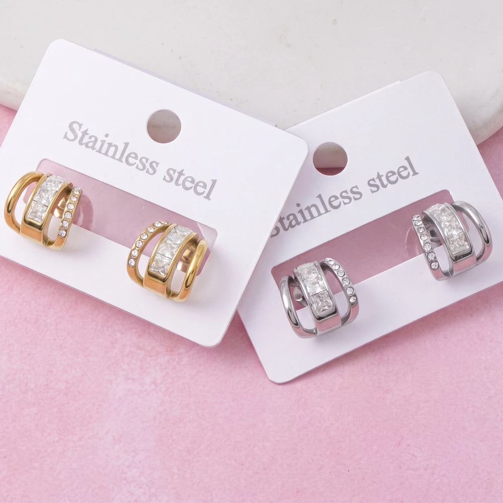 Stainless Steel Princess Cz Double Band Hoop Earrings