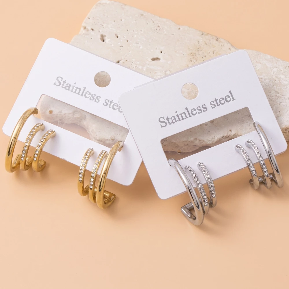 Stainless Steel Triple Band Cz Open Hoop Earrings