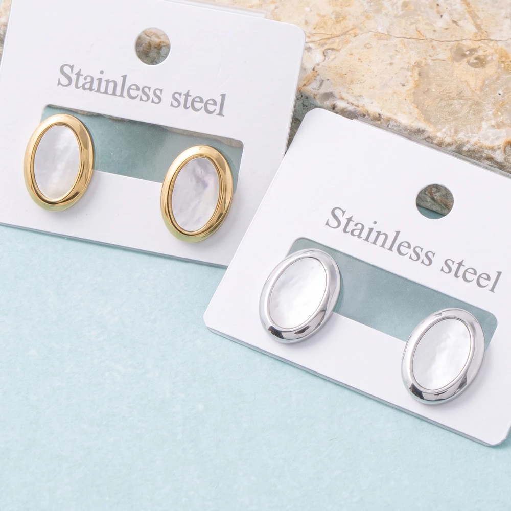Stainless Steel Oval Mother Of Pearl Stud Earrings