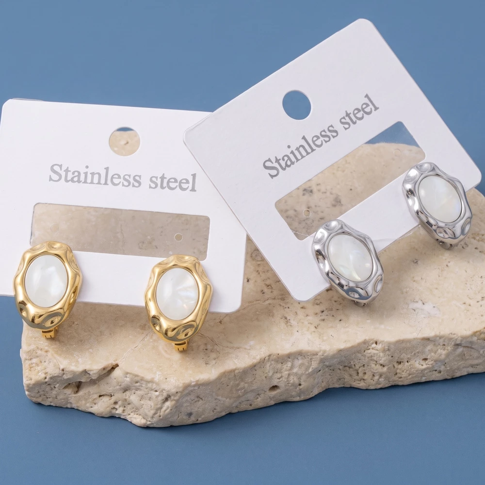 Stainless Steel Molten Oval Mother Of Pearl Earrings
