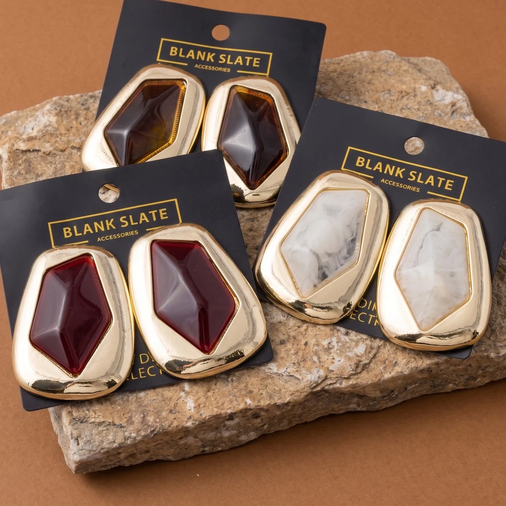 Gold Dipped Angular Faceted Stone Stud Earrings