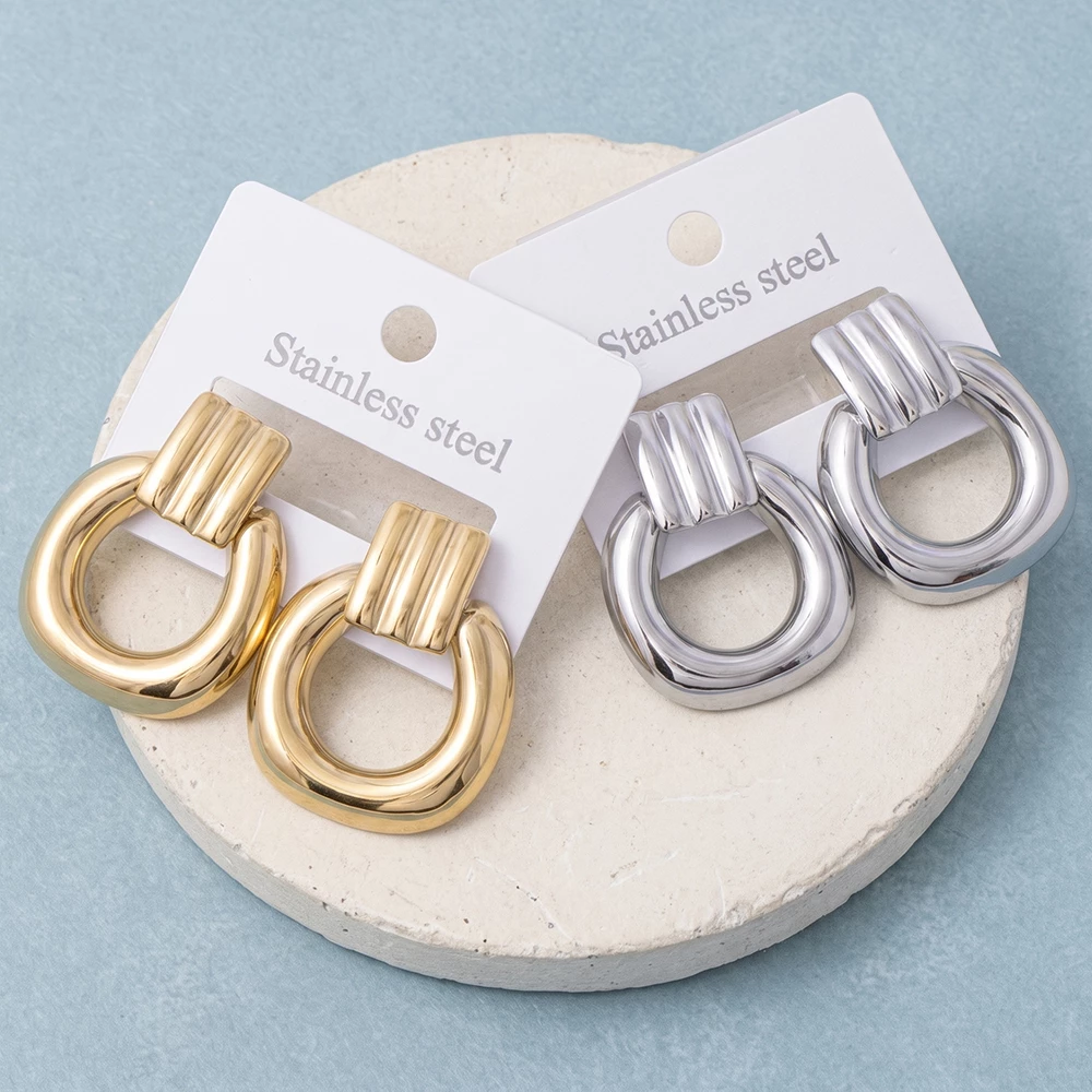 Stainless Steel Ribbed Top Door Knocker Earrings