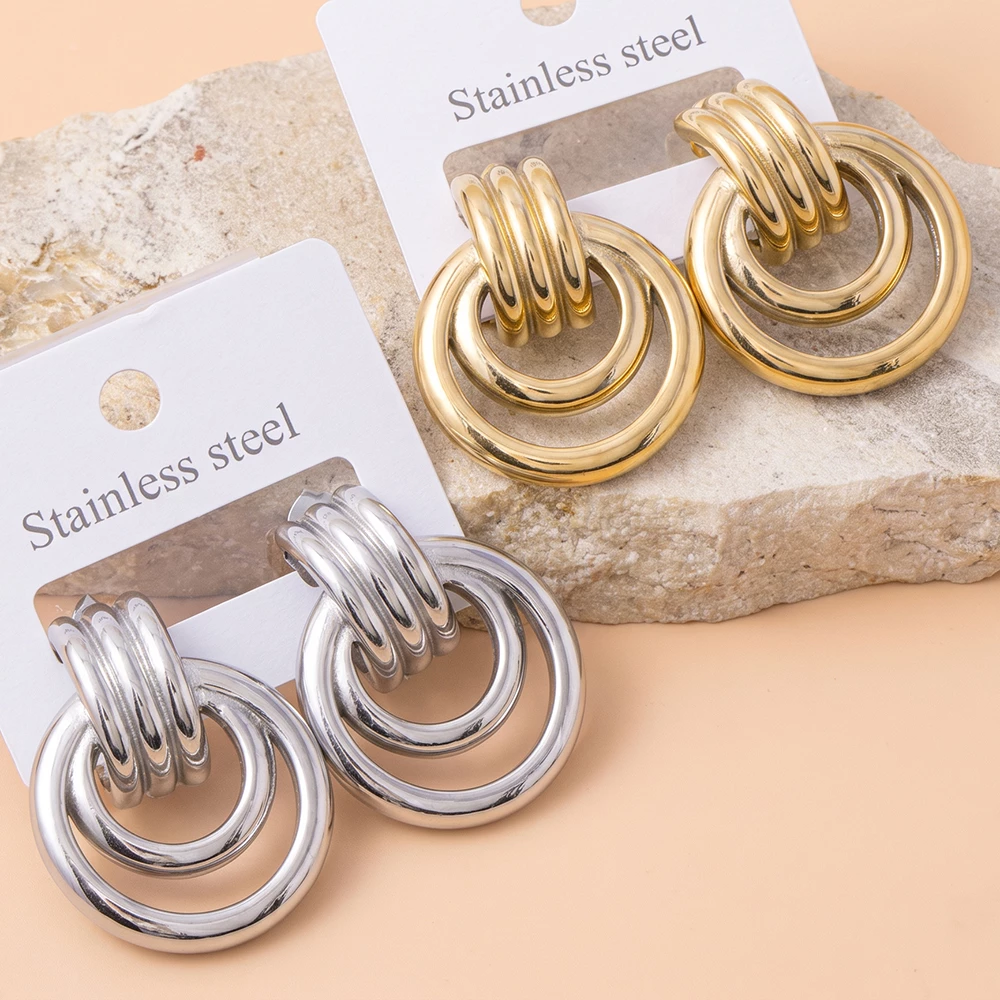 Stainless Steel Double Circle Door Knocker Earrings