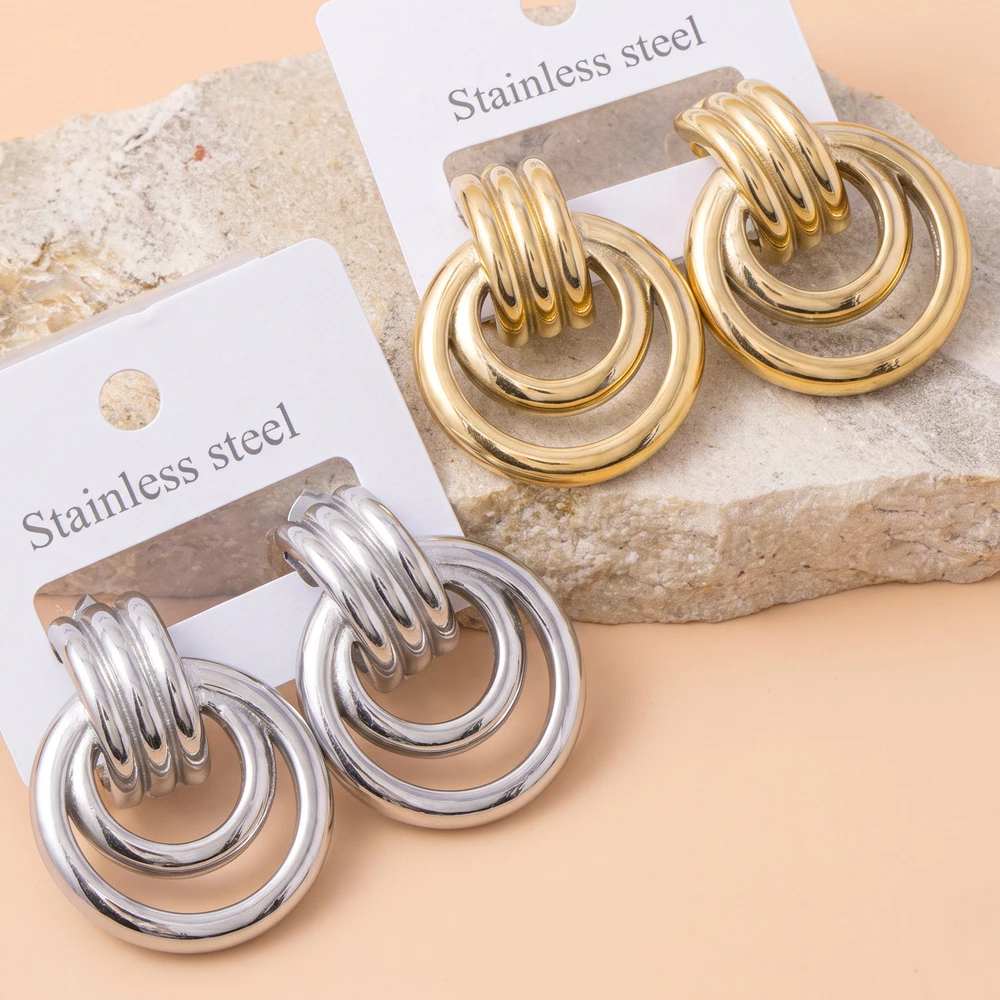 Stainless Steel Double Circle Door Knocker Earrings