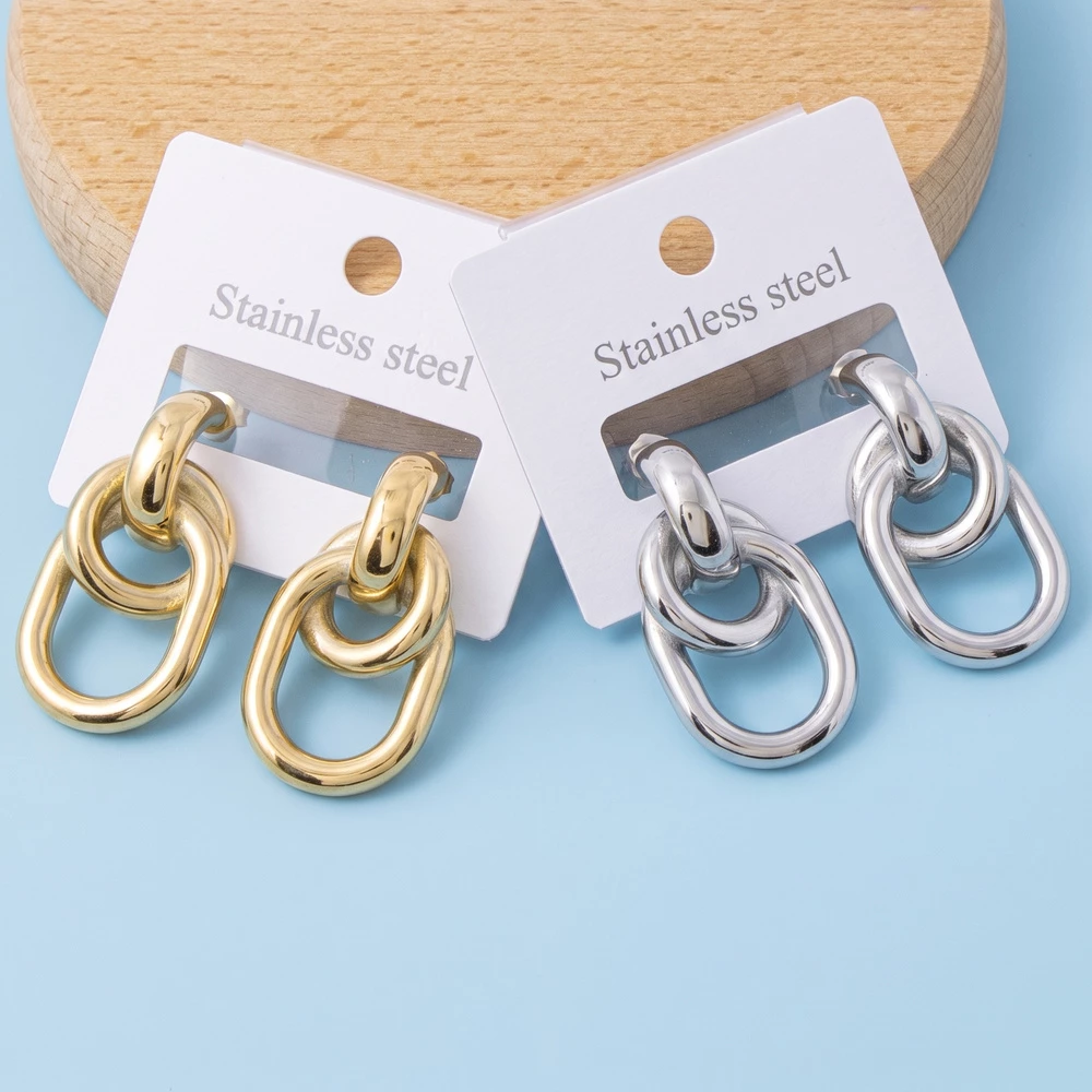 Stainless Steel Interlocked Oval Drop Earrings