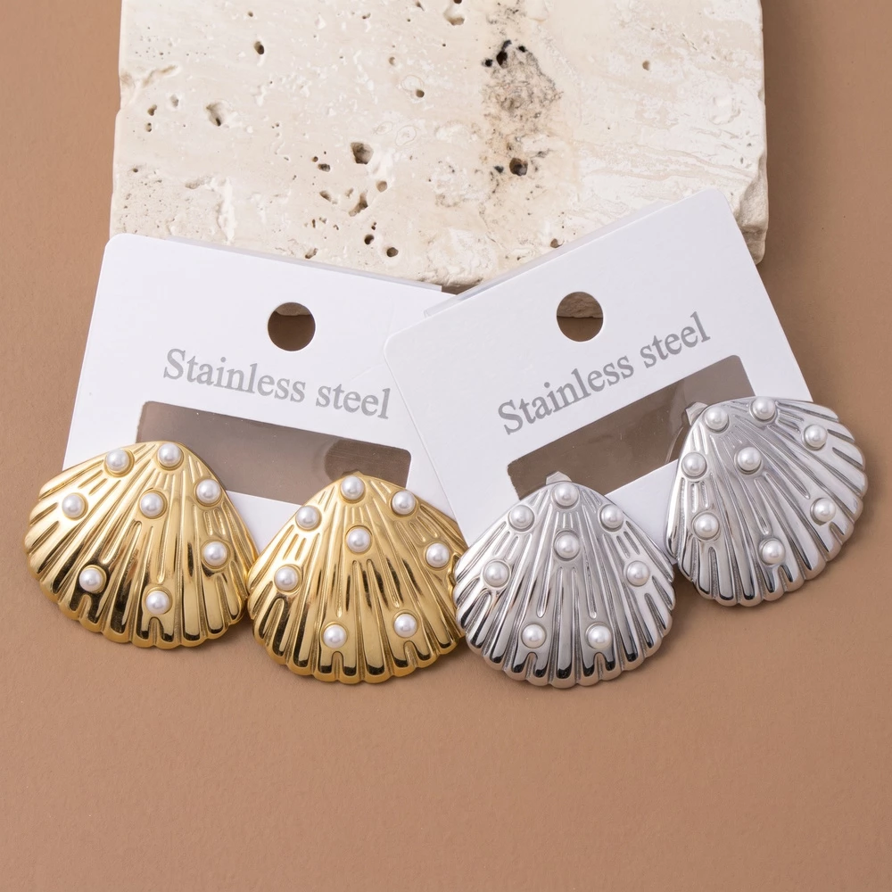 Stainless Steel Pearl Accent Shell Stud Earrings