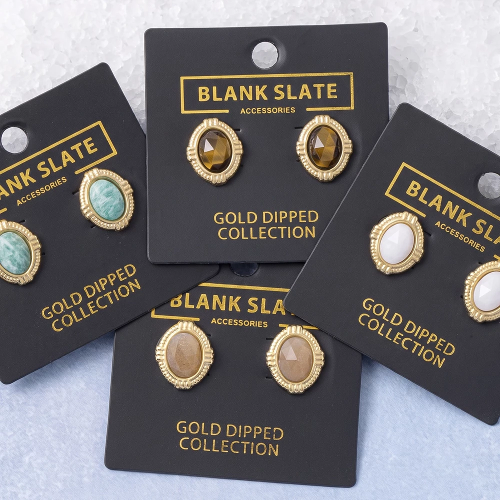 Gold Dipped Fluted Frame Oval Cabochon Earrings