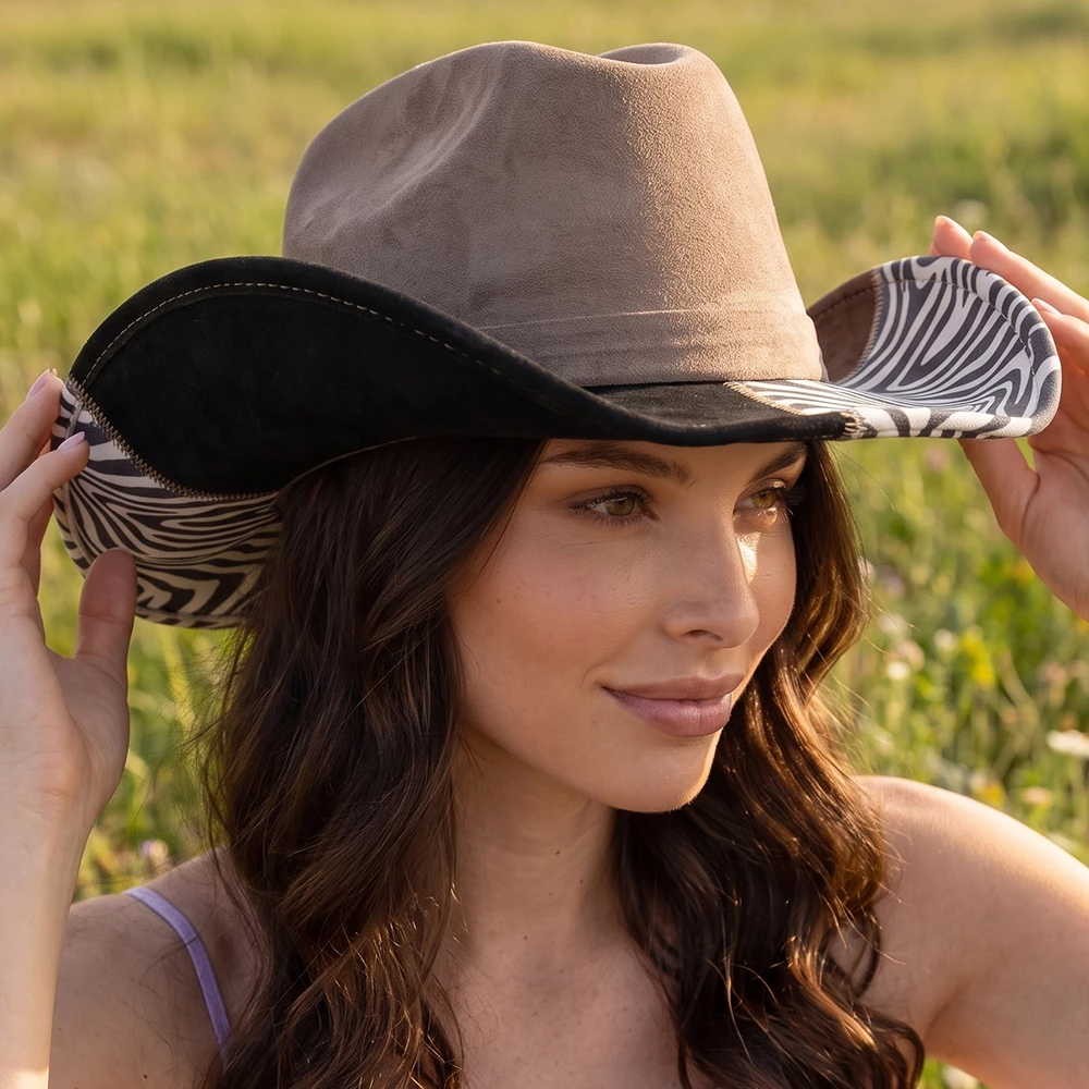 Zebra Print Colorblock Brim Vegan Suede Cowboy Hat