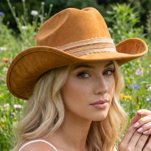 Vegan Suede Cowboy Hat With Frayed Chain Band
