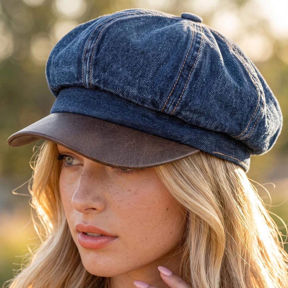 Denim Newsboy Cabbie Cap With Contrast Brim