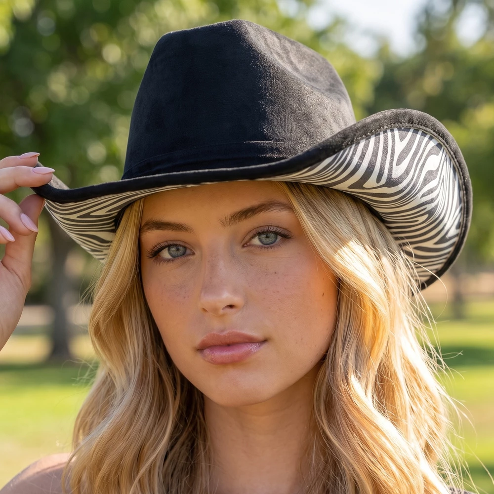 Zebra Print Underbrim Vegan Suede Cowboy Hat