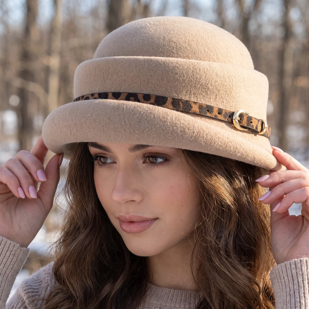 Wool Felt Cloche Hat With Animal Print Belt