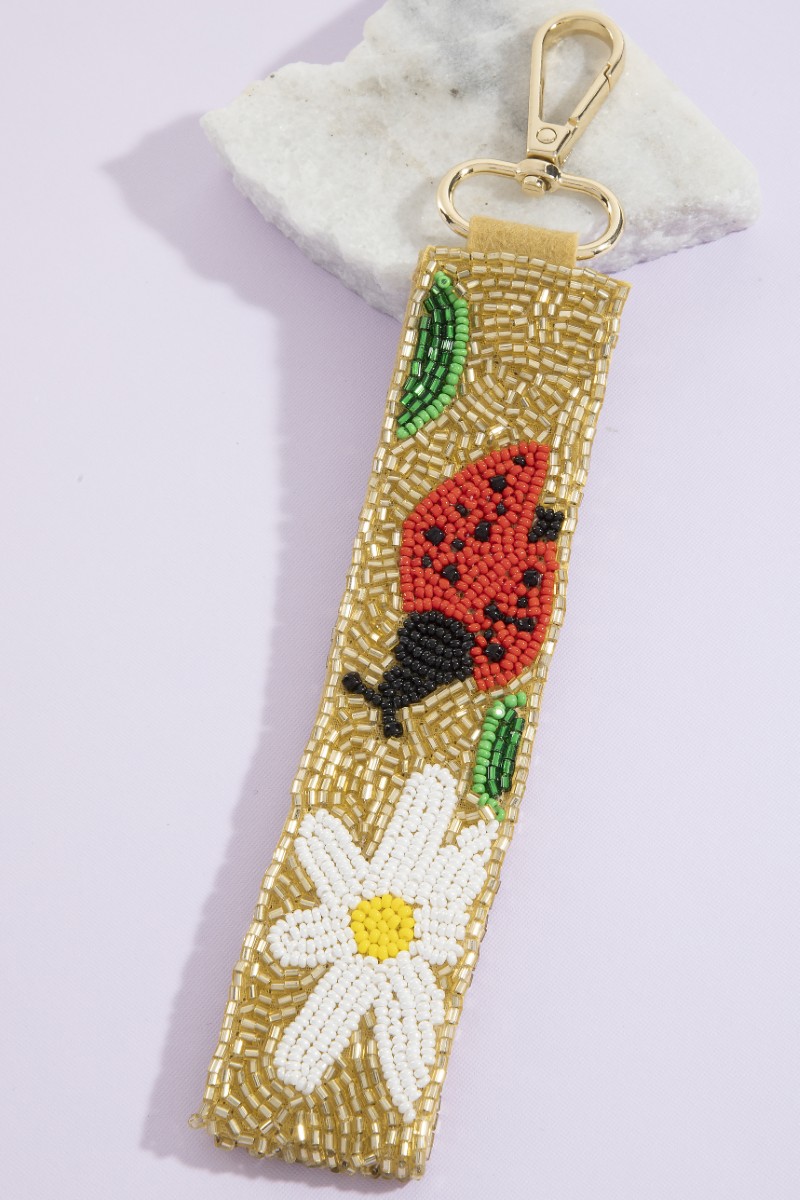 Flower Ladybug Beaded Keychain