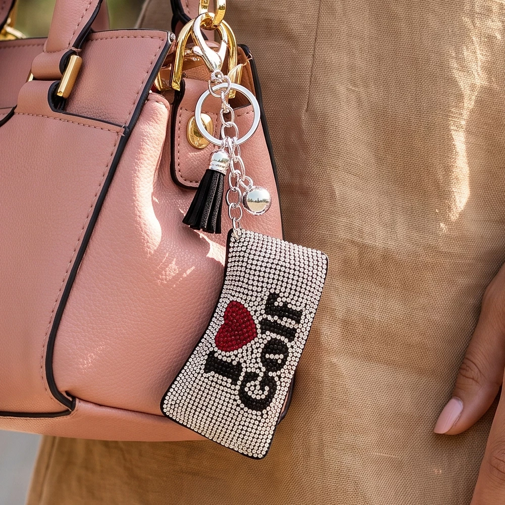 I Love Golf Rhinestone Padded Tassel Charm Keychain