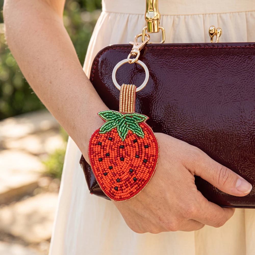 Beaded Strawberry Keychain Bag Charm