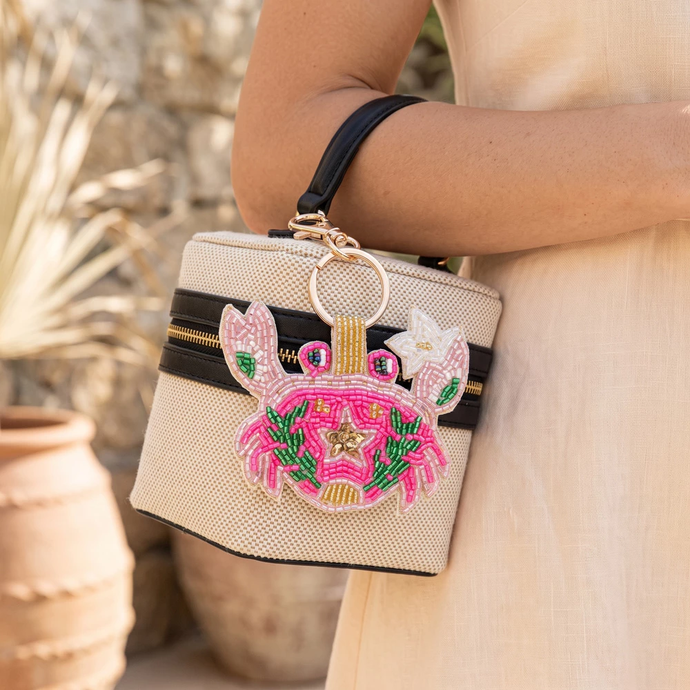 Beaded Crab With Flower Keychain Bag Charm