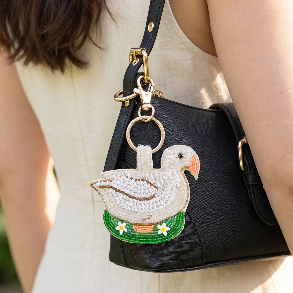 Beaded Duck With Daisies Keychain Bag Charm