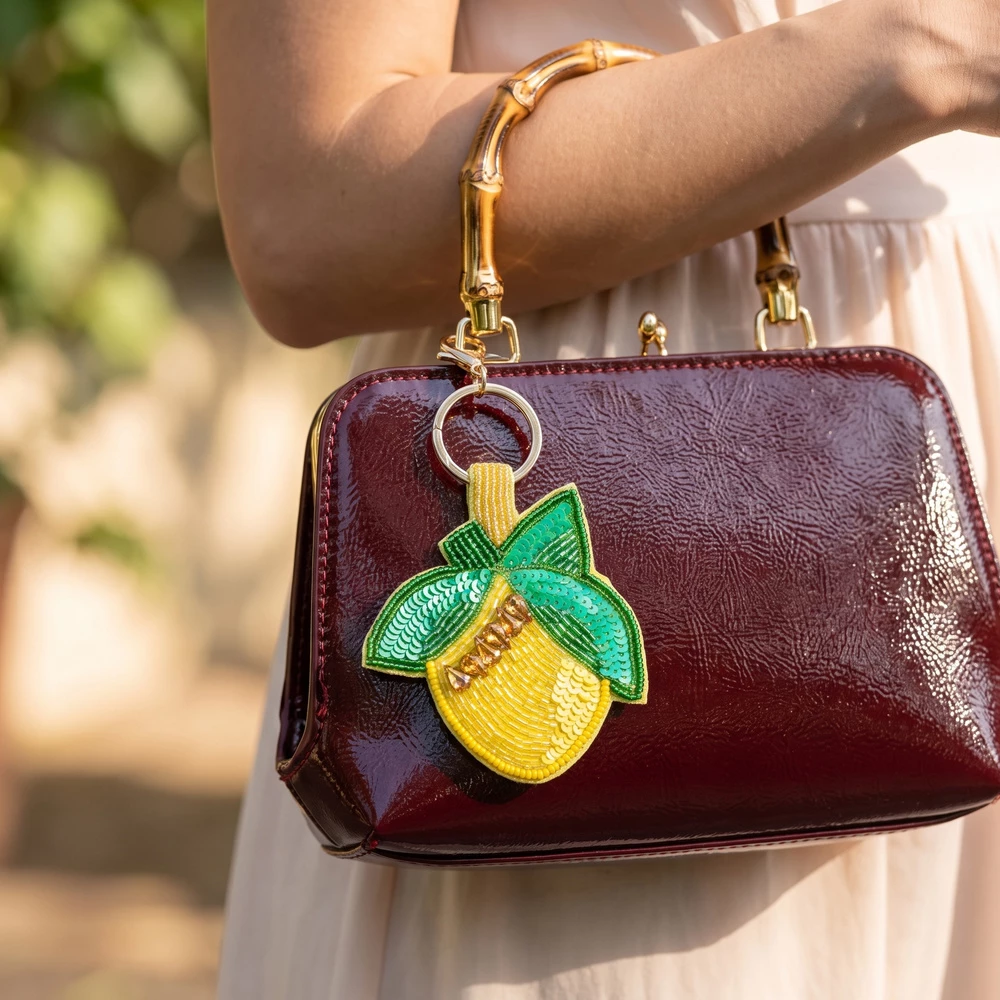 Sequin Leaf Jeweled Lemon Keychain Bag Charm