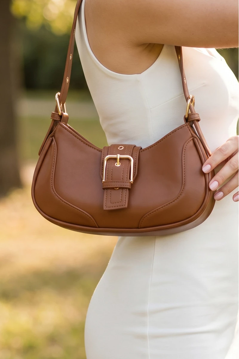 Vegan Leather Buckle Strap Crescent Shoulder Bag
