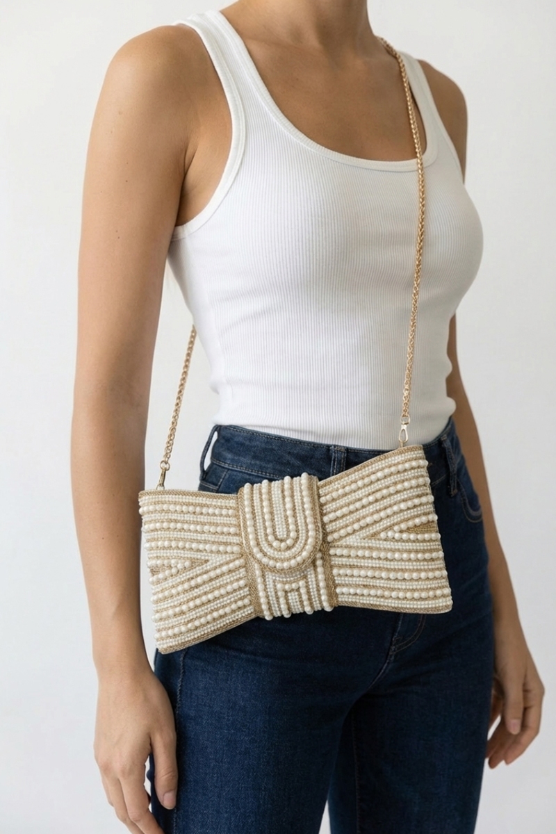 Spangle Pearl Bow Clutch Evening Bag