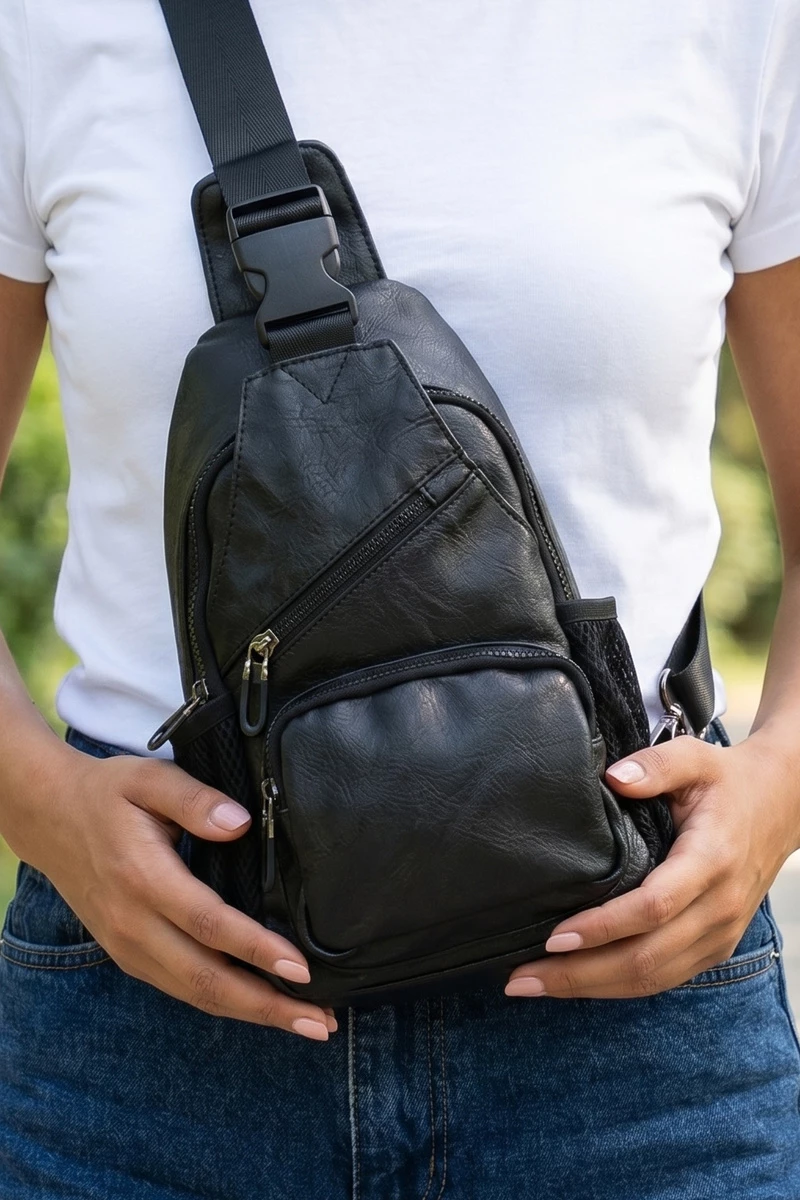 Vegan Leather Zip Front Sling Crossbody Bag
